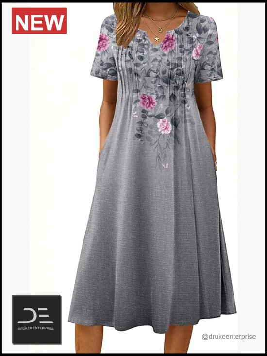 Dresses & Skirts - Casual Short Sleeve A-Line Midi Dress with Pockets Flowy Pleated T-Shirt
